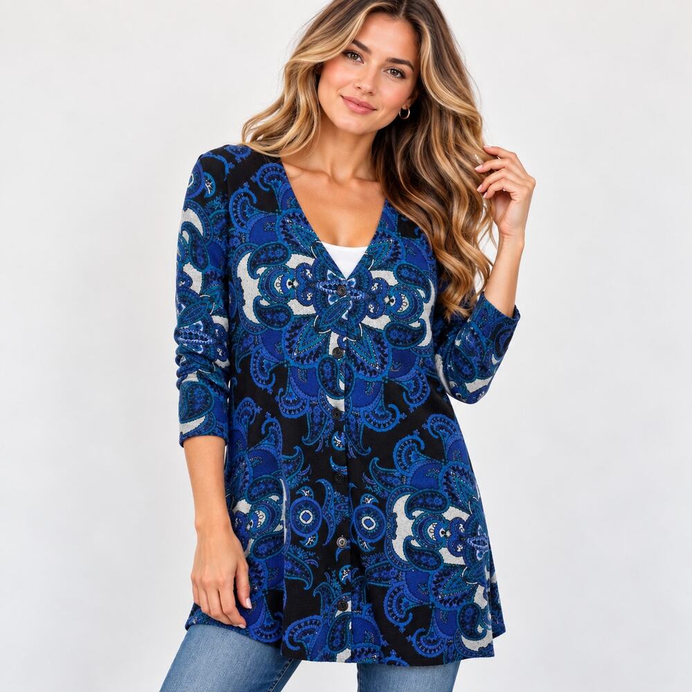 Susan Graver Lightweight Sweater Cardigan Women's Size M Pockets Blue Paisley